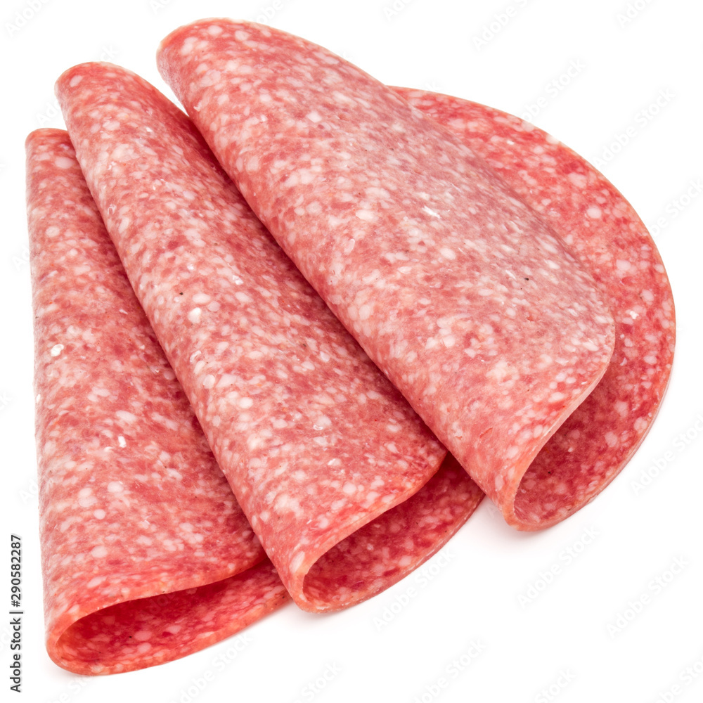 Salami smoked sausage slices isolated on white background Salami smoked sausage slices isolated on white background