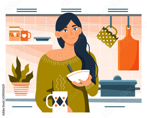 Young woman having breakfast in her kitchen with cereal and coffee in a Daily Life concept , colorful vector cartoon illustration