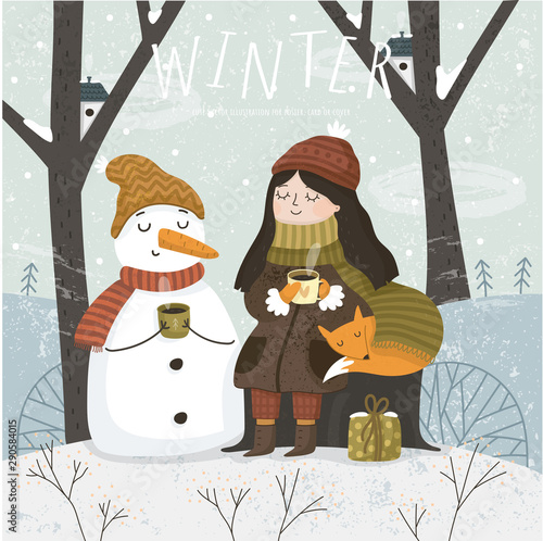 Winter. Vector illustration of cute greeting card for merry christmas and happy new year. Freehand drawing of a girl a snow maiden, a snowman and an animal fox on nature in a fairy forest.