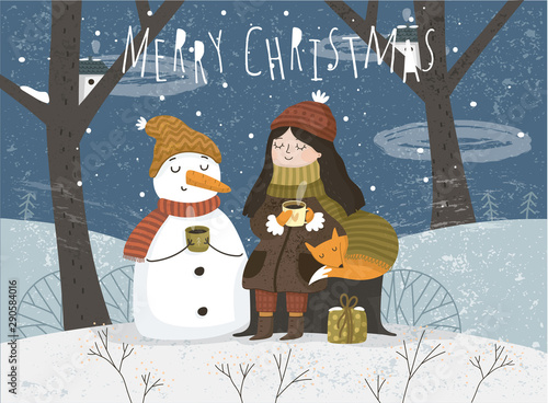 Winter. Vector illustration of cute greeting card for merry christmas and happy new year. Freehand drawing of a girl a snow maiden, a snowman and an animal fox on nature in a fairy forest.