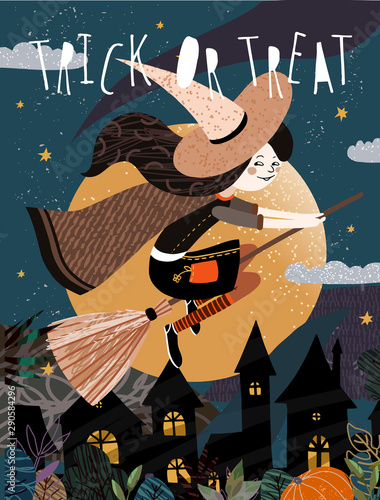 Happy Halloween! Vector cute illustration of a witch on a broomstick flying on a moonlit night over a gloomy city. Drawing for card, background or poster.