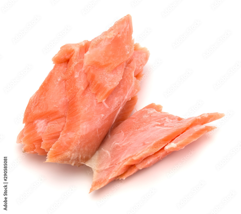 smoked salmon segments isolated on white background cutout. Prepared fish fillet fibres. smoked salmon segments isolated on white background cutout. Prepared fish fillet fibres.