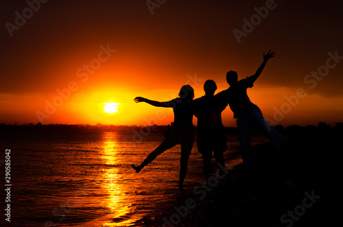 Silhouette Of Happy People Jumping At Sunset