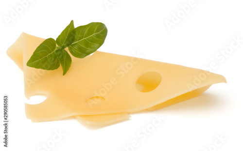 Cheese and basil leaves isolated on white background