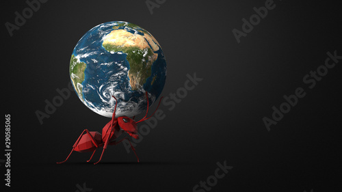 Fotografie The big red ant carrying big world above head on ramp dark background with 3d rendering