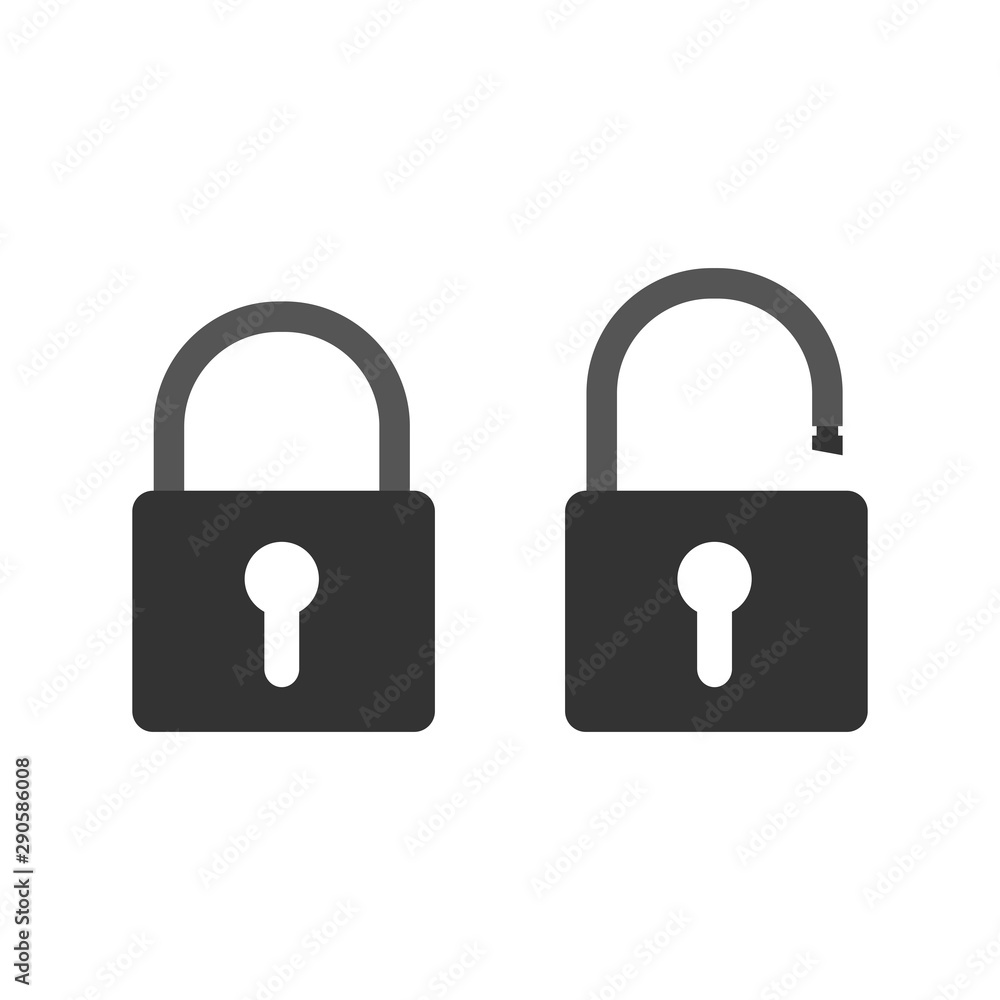 Lock open and lock closed. Concept password, blocking, security. Icon for web and mobile application. Vector illustration. Lock open and lock closed. Concept password, blocking, security. Icon for web and mobile application. Vector illustration.