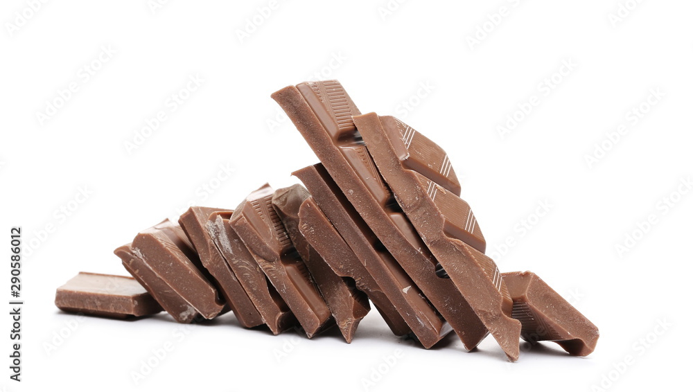 Chocolate with cocoa bars, pieces isolated on white background Chocolate with cocoa bars, pieces isolated on white background