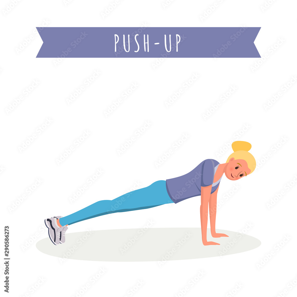 Vetor de Girl doing push ups flat vector illustration. Smiling young woman  in sportswear, fitness trainer working out cartoon character. Arm muscles  training exercise, healthy lifestyle, sport activity banner do Stock