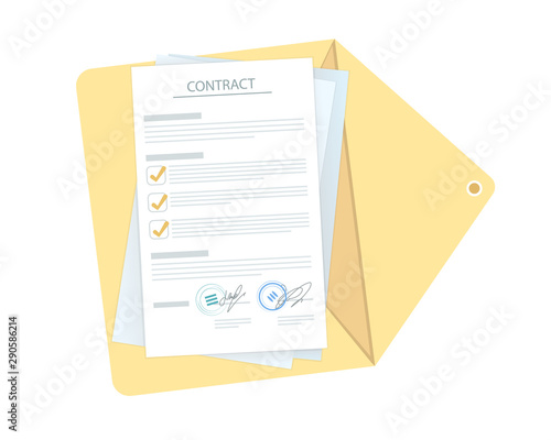 Open brown envelope with contractual document with text, ticked boxes, a legal signature and approval stamp over white in a vector illustration