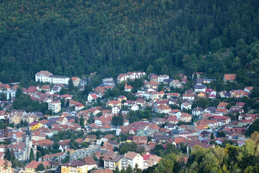 Aerial view. Typical urban landscape of the city Brasov, a town situated in Transylvania, Romania, in the center of the country. 