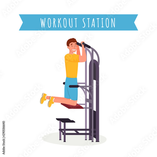 Guy using workout station flat vector illustration. Young athlete in sportswear, fitness trainer working out with apparatus cartoon character. Arm muscles training machine, healthy lifestyle banner