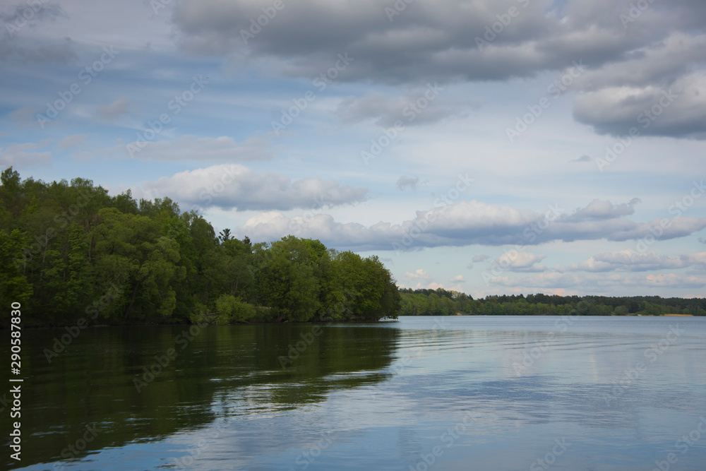 Landscape with lake water summer plants water boats fishing view reflections, beautiful sky clouds calm leisure