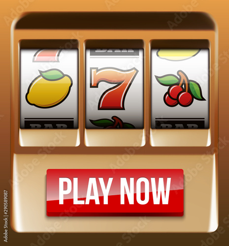 Illustration banner of mobile online casino application with 777 big win slot machine. Realistic advertising poster with online mobile app casino and Jackpot 777. Play now in One Armed Bandit banner