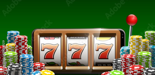 Illustration banner of mobile online casino application with 777 big win slot machine. Realistic advertising poster with online mobile app casino and Jackpot 777. Play now in One Armed Bandit banner