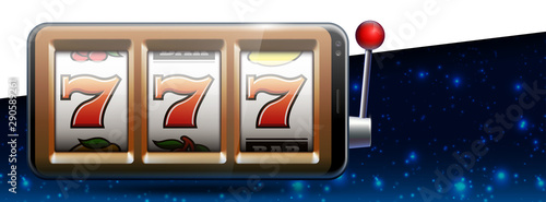 Illustration banner of mobile online casino application with 777 big win slot machine. Realistic advertising poster with online mobile app casino and Jackpot 777. Play now in One Armed Bandit banner