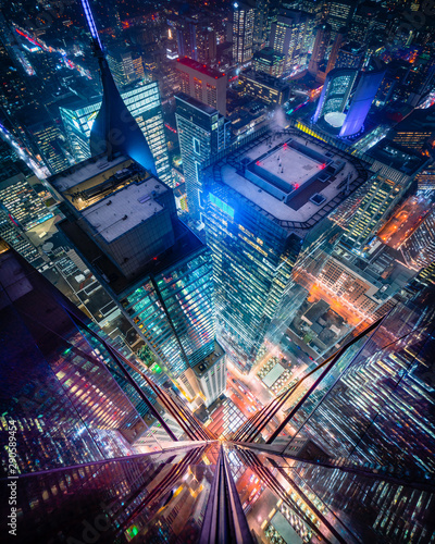 High angle view of illuminated cityscape at night photo
