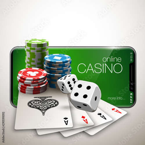 Vector illustration Online Poker casino banner with a mobile phone, chips, playing cards and dice. Marketing Luxury Banner Jackpot Online Casino with New model Smartphone. Empty advertising poster.