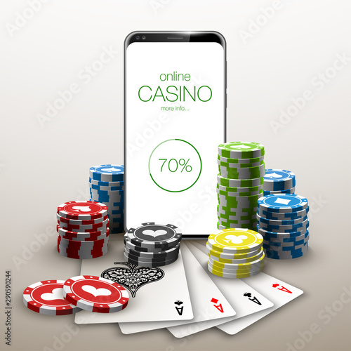 illustration Online Poker casino banner with a mobile phone, chips, playing cards and dice. Marketing Luxury Banner Jackpot Online Casino with New model Smartphone. Empty advertising poster. photo