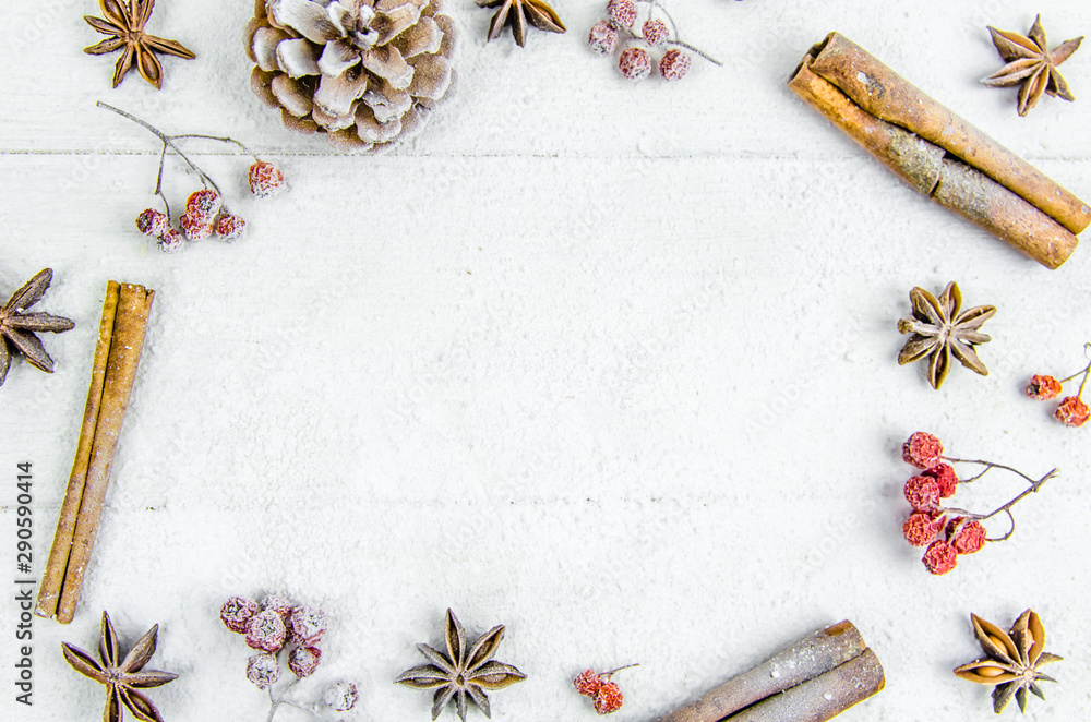 Fototapeta premium New year, Christmas, background. balls, cinnamon, bump, ash, snow