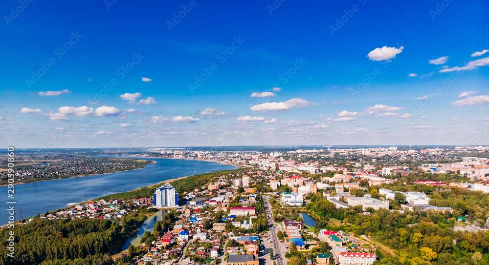 Panoramic view Tomsk cityscape Siberia, Russia. Tom river