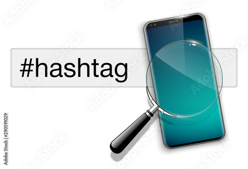 illustration web search by hashtag on mobile phone isolated on white background. Banner with smartphone search engine browser by hashtag