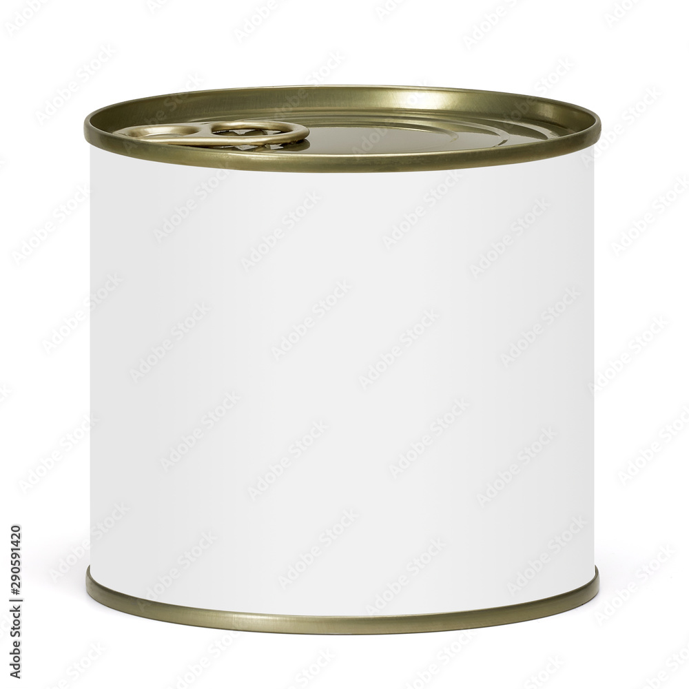 Tin can from side with white blank label isolated on white background including clipping path Tin can from side with white blank label isolated on white background including clipping path