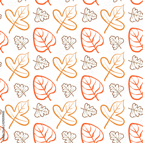 vector seamless pattern with autumn leaves in different shapes and colors drawn by line