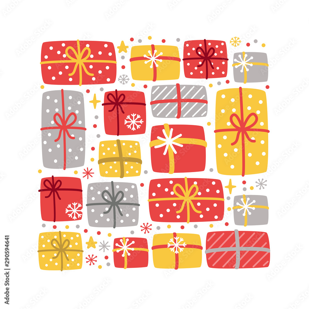 Cute All I Want for Christmas background with hand drawn Christmas present boxes and snowflakes Cute All I Want for Christmas background with hand drawn Christmas present boxes and snowflakes