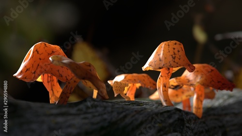 3D rendering of mushrooms in forest