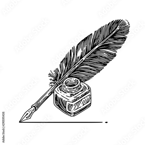 Vintage ink pen with inkwell. Sketch. Engraving style. Vector illustration.