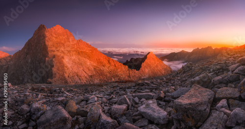 Mountains Landscape with Inversion in the Valley at Sunset as seen From Rysy Peak in High Tatras  Slovakia