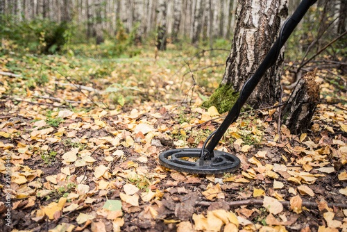 Search treasures with metal detector in the forest. Autumn.