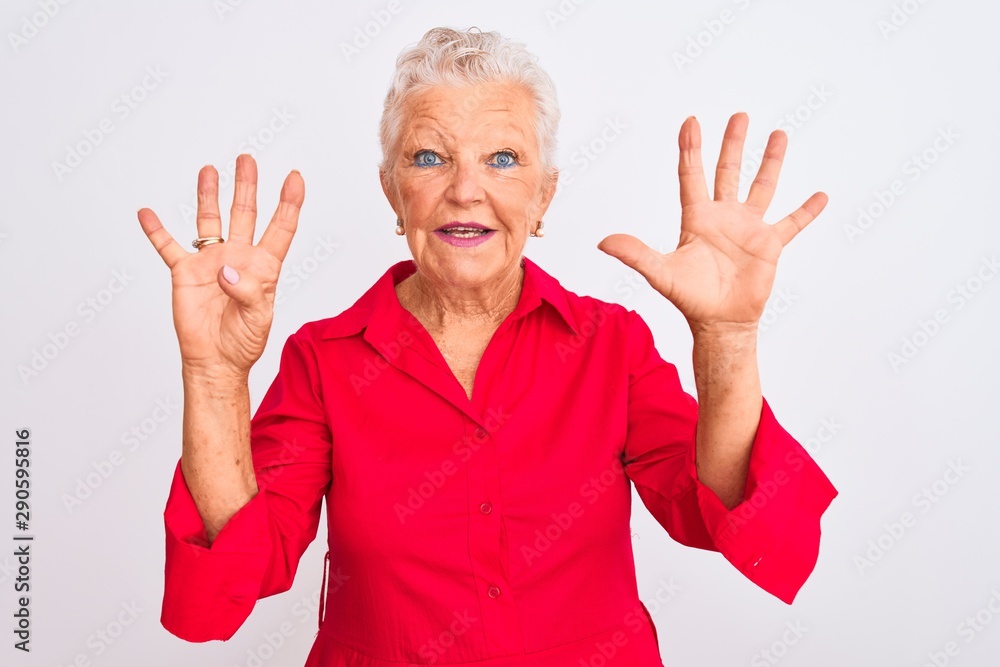 Senior grey-haired woman wearing red casual shirt standing over isolated white background showing and pointing up with fingers number nine while smiling confident and happy. Senior grey-haired woman wearing red casual shirt standing over isolated white background showing and pointing up with fingers number nine while smiling confident and happy.