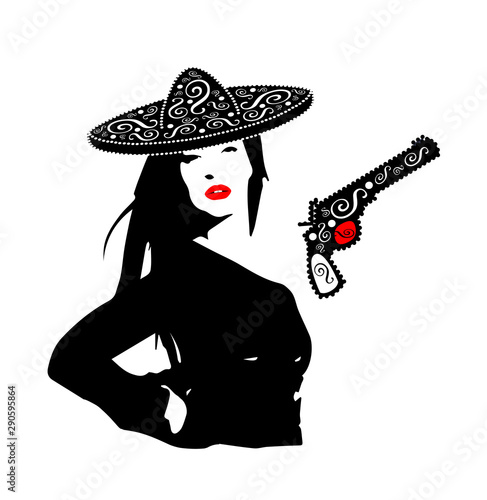 Mexican girl with pistol and sombrero ornament silhouette logo design