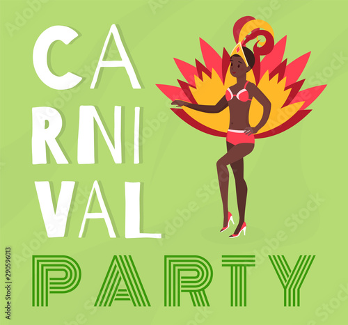 Brazilian carnival party banner vector template. Young latina female dancer in beautiful authentic costume cartoon character. National south american festival, Rio de Janeiro culture poster layout