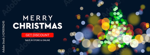 2020 New Year. Christmas tree sparkle blur bokeh effect horizontal background . Dark Xmas backdrop. Text Merry Christmas. Vector illustration for web banners invitation poster.