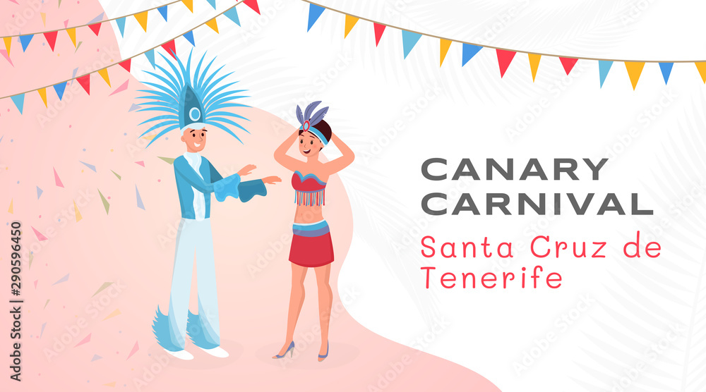Canary carnival flat banner vector template. Young latino man and woman in beautiful authentic costumes cartoon characters. National latin american party, Santa Cruz de Tenerife holiday poster layout