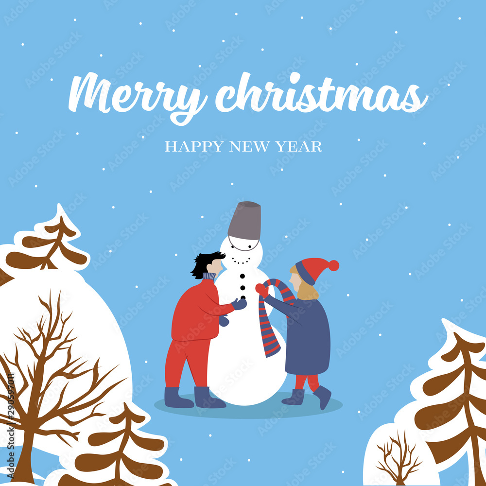 happy couple of young people, man and skunk, sculpts snowman. Lettering Merry Christmas and Happy New Year. Flat style vector illustration. Postcard happy couple of young people, man and skunk, sculpts snowman. Lettering Merry Christmas and Happy New Year. Flat style vector illustration. Postcard