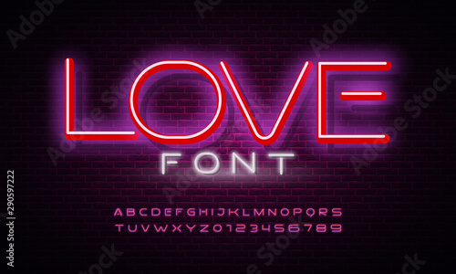 Glowing Neon Alphabet and Font. Festive pink neon light. Vector illustration.