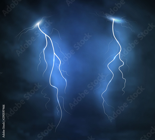 set of 3d lightning in realism style in blue colors. vector rain curved lines isolated on dark background. lightning strike, vector, realistic night sky elements for design, advertising