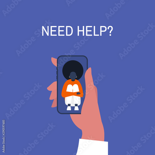 Crisis hotline. Need help? Hand holding a smartphone. New technologies. Therapy. Appointment. Mental health. Millennials. Young lonely black female character hugging her knees.
