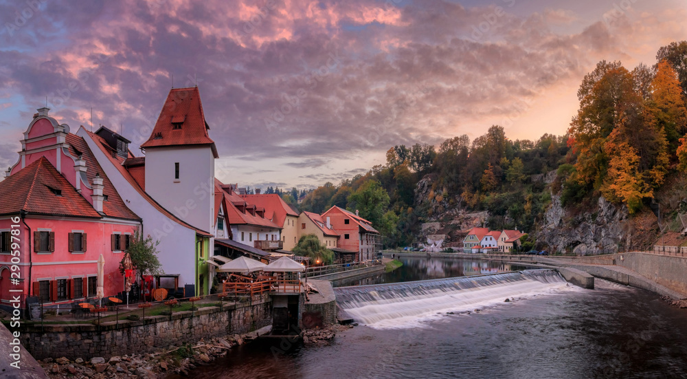 Panoramic view of the historic city of Cesky Krumlov. UNESCO World Heritage Site in beautiful evening light, Czech Republic