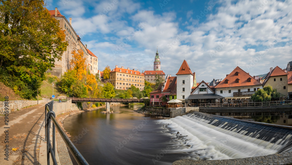 Panoramic view of the historic city of Cesky Krumlov. UNESCO World Heritage Site in beautiful evening light, Czech Republic