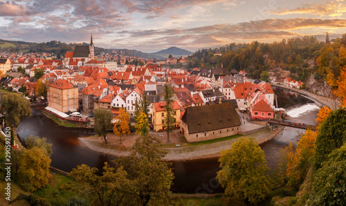 Panoramic view of the historic city of Cesky Krumlov. UNESCO World Heritage Site in beautiful evening light, Czech Republic