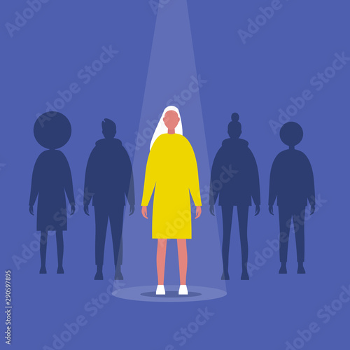 Fame. Female character standing on a stage under the light beam. Outstanding qualities. Skill. Talent. Flat editable vector illustration  clip art