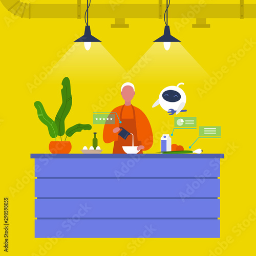 Kitchen. Young male chief cooking food at the counter together with a robot. New technologies. Home assistant. Cafe. Loft interior. Modern lifestyle. Flat editable vector illustration