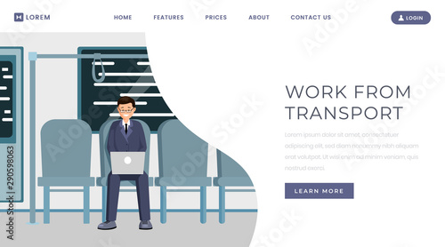 Work from transport landing page template. Distance, remote job website, webpage concept design with flat illustration. Man freelancer working with laptop in metro train color cartoon character