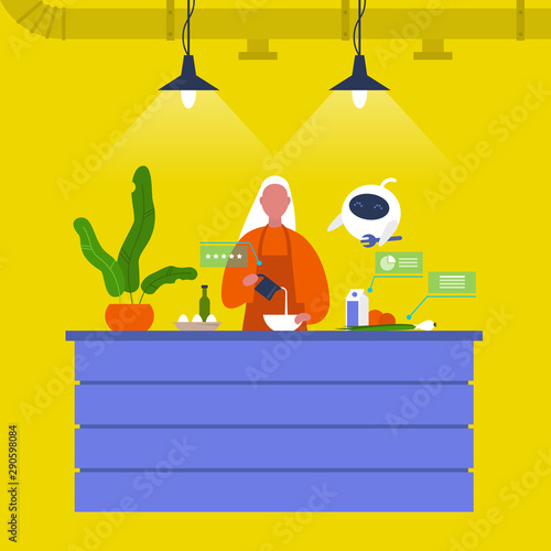 Kitchen. Young female chief cooking food at the counter together with a robot. New technologies. Home assistant. Cafe. Loft interior. Modern lifestyle. Flat editable vector illustration