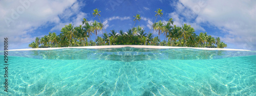 HALF UNDERWATER: Panoramic view of a tropical sandy beach and turquoise ocean.
