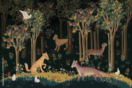 Medieval deep forest with different fantastic beasts. Illustration in flanders tapestries style photo